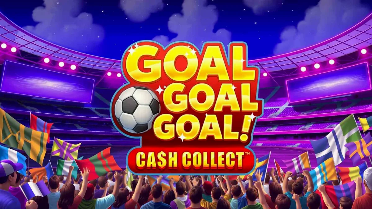 Tampilan antarmuka seluler slot Goal Goal Goal: Cash Collect dengan tema stadion sepak bola yang meriah.